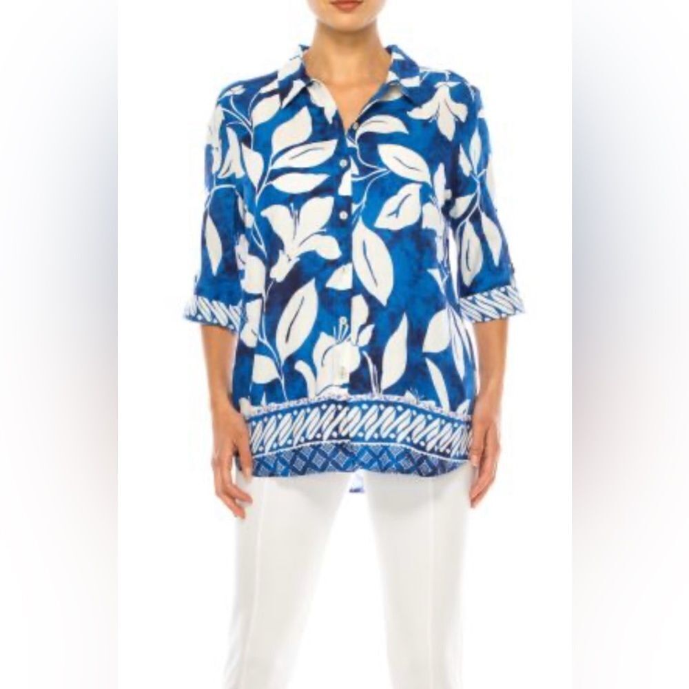 Hester & Orchard Linen Blend Blue Floral Button-Up Shirt Size M